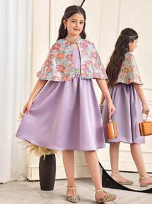 SHEIN Leap Crew Tween Girl Fit Elegant Casual Jacquard Small Stand Collar Waistcoat Dress & Cape Two-Piece Set - Purple - View 4