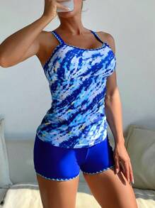 Swim Lushoire 2pcs Spring Break Set: Mature Bleached/Tie Dye Solid Trim Decorated Casual Vacation Swimwear - Includes Tankini Bottoms & Racerback Camisole Tank Top - Multicolor - View 4