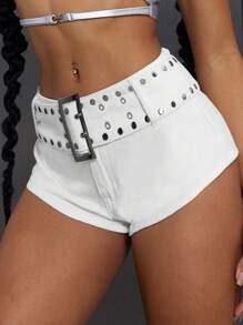 SHEIN ICON Women's Solid Color Simple Fashion Denim Shorts, Casual Everyday Wear - White - View 4