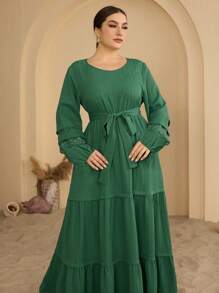 Graceveil Plus Size Women Solid Color Round Neck Flare Sleeve Elegant Dress - Dark Green - View 7