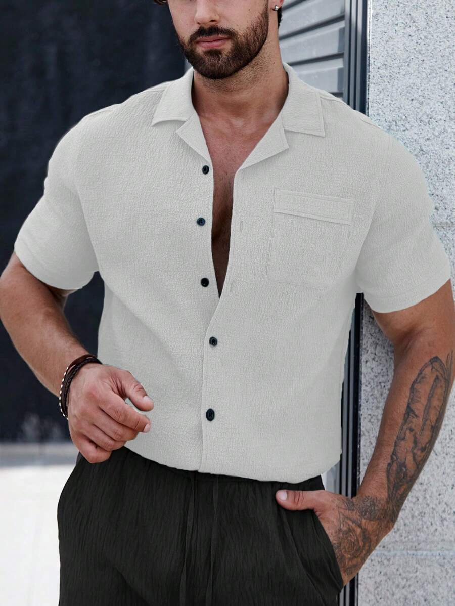Manfinity Homme Men's Casual All-Match Solid Color Textured Short-Sleeved Shirt, Summer - White - View 1