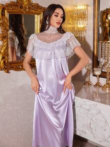 LuxeNights Lace Stitching High Collar Imitation Silk Ladies Long Nightgown - Lilac Purple - View 6