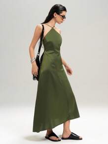 LYSMO 纯色露背挂脖不对称下摆长裙 - 軍綠色 - 查看 5