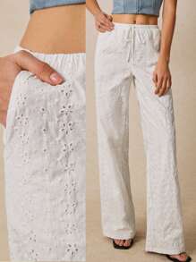 Poéselle 女士纯色优雅刺绣前系带直筒裤，休闲日常穿着，简约时尚休闲日常穿着，女士夏季服装，女士度假服装，女士沙滩服装，波西米亚风 - 白色 - 查看 1