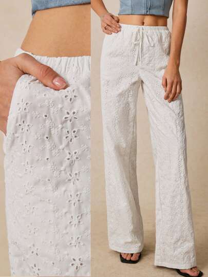 Poéselle 女士纯色优雅刺绣前系带直筒裤，休闲日常穿着，简约时尚休闲日常穿着，女士夏季服装，女士度假服装，女士沙滩服装，波西米亚风