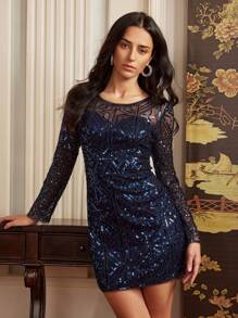 Anewsta Vestido de fiesta elegante de manga larga con lentejuelas y calados para mujer, sexy y de moda, adecuado para festivales, primavera/verano