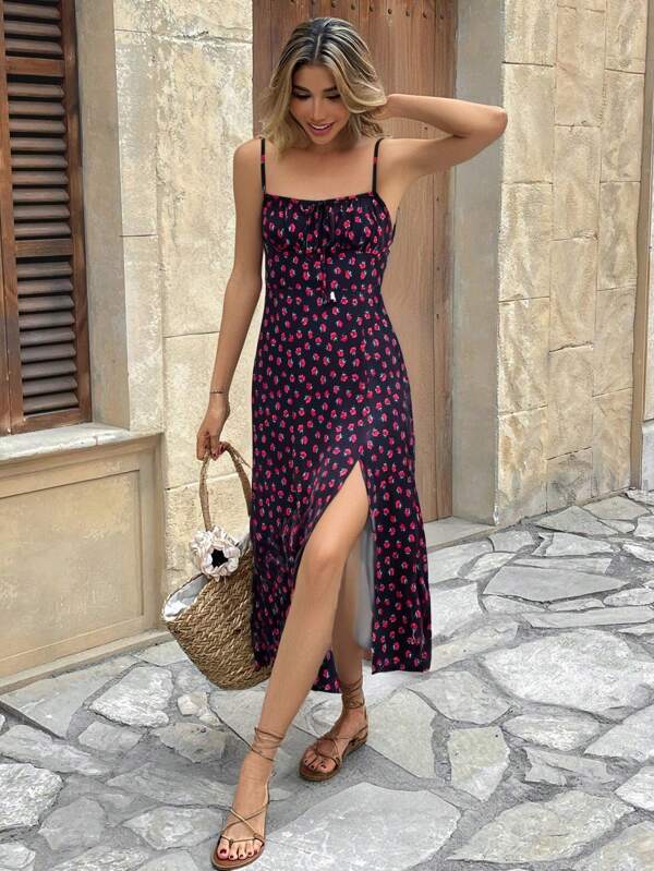 SHEIN Frenchy Women Ditsy Floral Side Slit Hem Cami Dress,Summer Dresses,Summer Dresses For Women,Floral