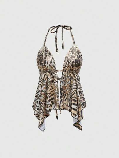 J-Fashion Women's Sexy Backless Metal Buckle Leopard Print Halter Neck Camisole