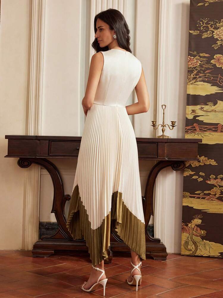 Anewsta Elaire ANEWSTA Fashionable Pleated Midi Dress, Design, Sleeveless For Women, Spring/Summer, Modest