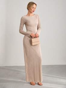 CLARA VERO Elegant Style Pleated Satin Quality Maxi Dress - Beige - View 6