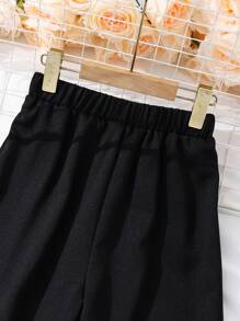 SHEIN Teen Girl Solid Color Elastic Waist Casual Simple Long Pants, Daily Wear - Black - View 6
