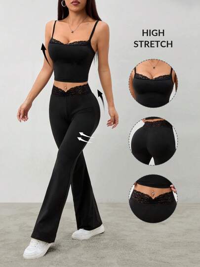 SHEIN PETITE Summer Black Lace Splicing Suspenders + Bell Bottoms Women's Slim Two-Piece Set