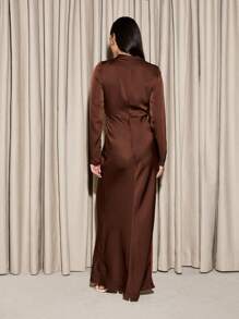 AiiRZ Elegant Wrap Maxi Evening Dress With Side Cut-Out Detail Satin Gown High Neck Long Sleeve Special Occasion Floor Length Winter Fall Formal Wedding Guest Party