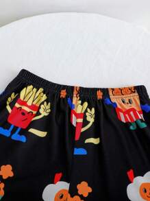 SHEIN Tween Boy Funny Cartoon French Fries Pattern Round Neck Short Sleeve Long Pants Loose And Comfortable Home Clothes Pajama Set Two-Piece Set - Black - View 3