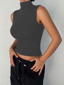 DAZY Women's High Collar Slim Sleeveless Wrap Bottoming Tank Top - Grey - View 4