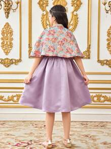 SHEIN Leap Crew Tween Girl Fit Elegant Casual Jacquard Small Stand Collar Waistcoat Dress & Cape Two-Piece Set - Purple - View 7