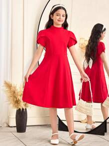 SHEIN Tween Girls' Elegant Backless Big Bow Buttoned Hollow Out A-Line Dress - Red - View 4