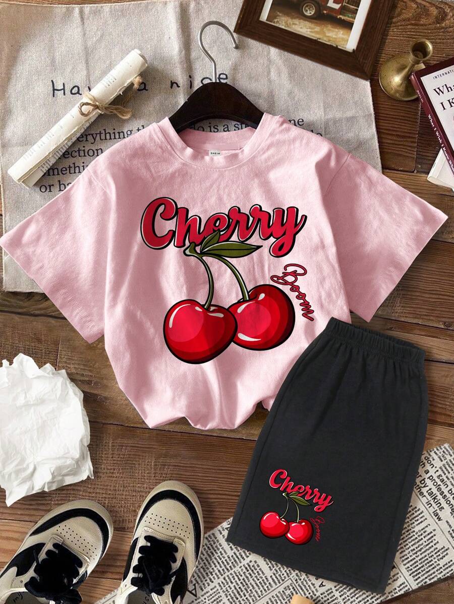 SHEIN Leap Crew 年轻女孩休闲简约短袖短裤两件套,适合夏季 - 彩色 - 查看 1