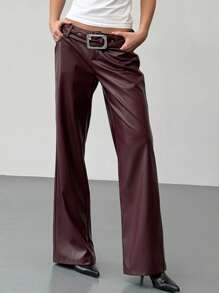 Aloruh Burgundy PU Leather Pocket Waist Straight Leg Pants For Women
