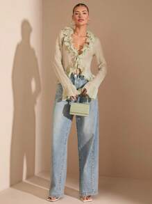 SHEIN BAE 早春女士花园派对优雅深V领长袖荷叶边轻盈透明女上衣，适合浪漫约会、闺蜜聚会、早春旅行、派对活动