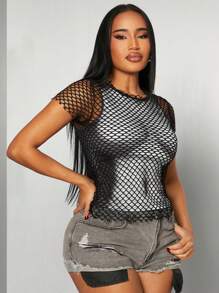 SHEIN SXY Sexy Allover Print Sheer Mesh Short Sleeve T-Shirt Top, Versatile For Daily Wear, Parties, Clubbing, Music Festivals, Summer - Multicolor - View 6