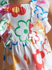 SHEIN Colorful Floral Ruffle Cute Hand-Painted Girls Jumpsuit - Multicolor - View 7