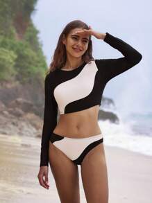 Swim SPRTY 2pcs Women Black & White Printed Design Round Neck Long Sleeve Swimwear Suit, Easy To Wear Sports Casual Surfing Outfit, Festival Boho, Summer Beach Vacation - Black and White - View 6