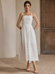 Anewsta 高端手工刺绣珍珠装饰腰部收腰吊带背心连衣裙