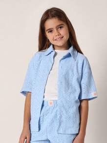 SUMWON Girls Summer Broderie Anglaise Set Two-Piece Boxy Button-Up Shirt Shorts Matching Outfit Beach Vacation Resort Wear Weekend Casual Spring - Blue - View 3