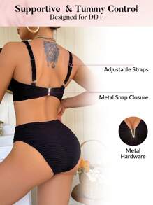 Swim DD+ Women's Sexy Deep V-Neck High Waist Textured Bikini Set Top & Bottom , For Holiday, Summer Beach Vacation - Black - View 2