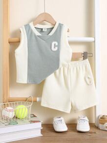 Baby Boy Letter Seal Contrast Color Knitted Soft Round Neck Wide Strap Pullover Top Elastic Waist Shorts Two-Piece Set