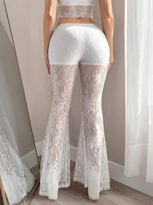 Sweetina Y2K 性感低腰全蕾丝白色透视喇叭裤 - 白色 - 查看 2