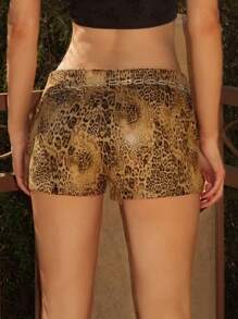 SHEIN ICON Low-Waist Leopard Print Metal Plating Waist Chain Decorated Ultra-Short Shorts - Brown - View 2