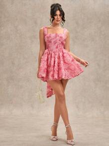 SHEIN BAE Spring & Summer Solid Pink 3D Rose Flower Square Neck Spaghetti Strap Backless Bowknot Puff Mini Dress, Princess Dress, Valentine's Day Dress, Party Dress, Romantic Date Dress, Bridesmaid Dress, Ball Gown, Casual Commute Dress, Pink Dress, Birthday Dress