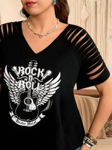 SHEIN LUNE Áo thun tay ngắn hở vai cổ chữ V thiết kế guitar & rock cho lễ hội âm nhạc, kỳ nghỉ hè cỡ lớn - màu đen - Xem 1