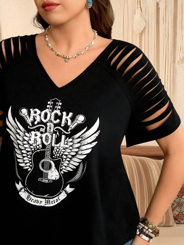 SHEIN LUNE Music Festival Guitar & Rock Design V-Neck Cutout Shoulder Short Sleeve T-Shirt, Plus Size Summer Vacation