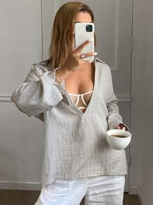 Livesso 条纹宽松长袖女士亚麻衬衫，秋装 - 卡其色 - 查看 3