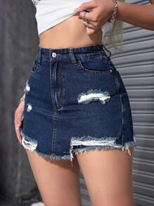 SHEIN ICON Casual Washed Distressed Frayed Hem Denim Shorts