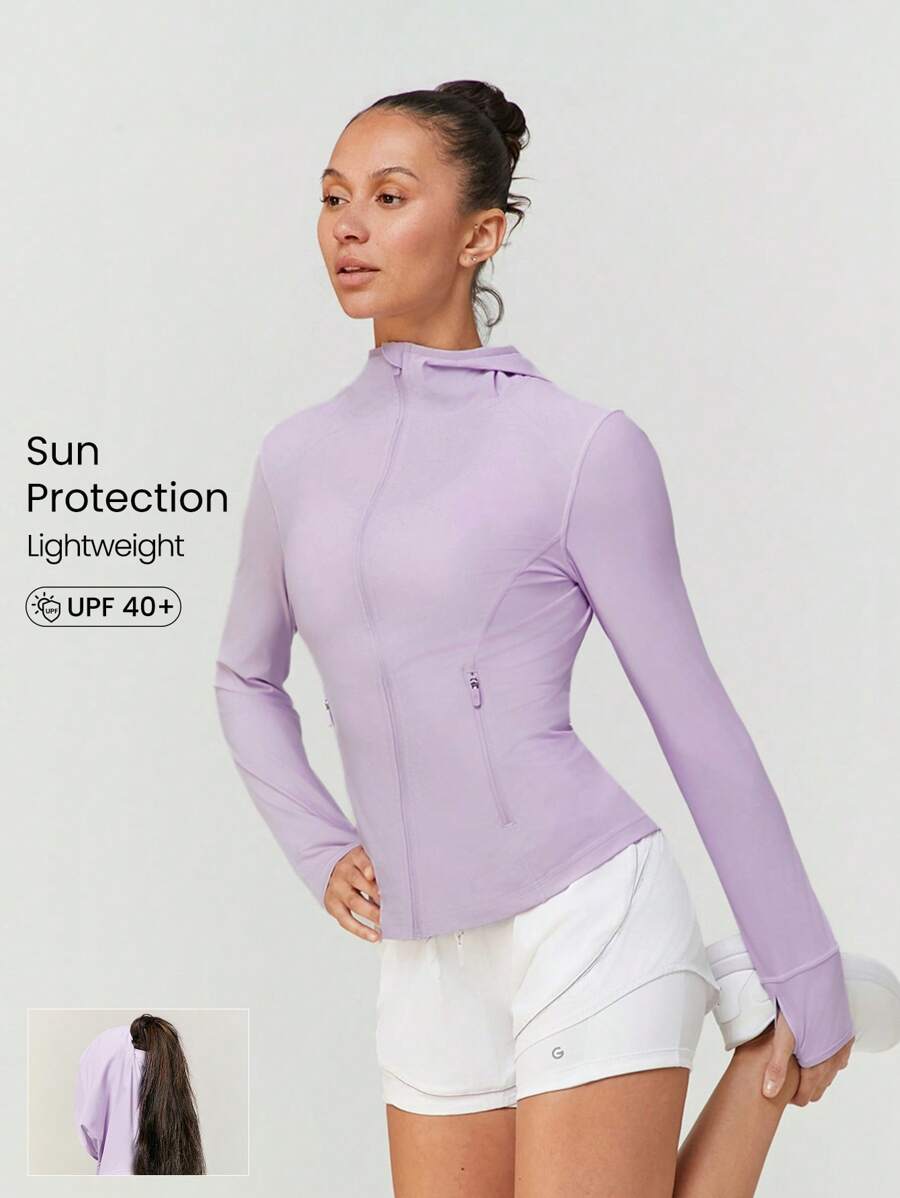 GLOWMODE Chaqueta de senderismo para exteriores con protección solar, enfriamiento por tejido de punto, panel de malla ajustada, y abertura para coleta en la espalda - Bruma de Lavanda - Ver 1