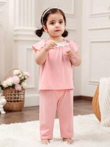 SHEIN 2pcs/Set Baby Girls Cute Minimalist Lace Trim Round Neck Short Sleeve Loose And Comfy Pink Knit Pajama Set Baby Clothes For Girls Baby Girls Sets Baby Girl Clothes Cotton Baby Clothes For Girls Casual Cotton Baby Girl Clothes Baby Girl Cotton Clothes