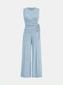 GlowEve Women's Casual Solid Color Tie-Waist Wrap Top And Pants 2 Pieces Set - Baby Blue - View 3