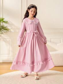 Tween Girl Ruffle Hem Dress & Headband Set, Pink - Pink - View 5