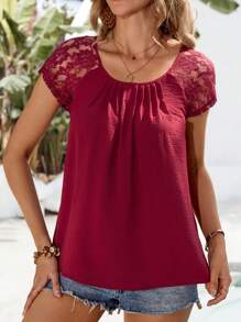 EMERY ROSE Women's Solid Color Lace Patchwork Short Sleeve Simple Casual Shirt - Burgundy - View 6