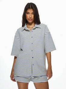 MISSGUIDED Striped Terry Cloth Button Down Oversized Short Sleeve Summer Beach Cover Up Resort Lounge Shirt Towelling Blouse - Blue - View 6
