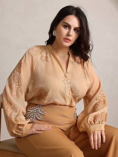 Anewsta 大码女式刺绣亮片装饰深 V 领长袖优雅办公室衬衫，春季服装