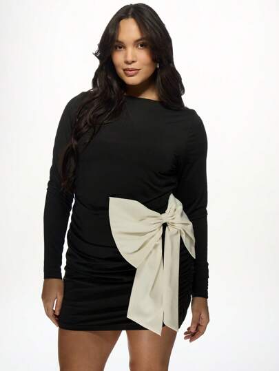 MISSGUIDED PLUS Plus Size Long Sleeve Mini Bodycon Dress With Ruched Side  And BowMISSGUIDED