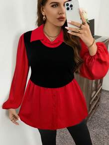 SHEIN LUNE Women Plus Size Color Block Long Sleeve Casual Top, Autumn Holiday - Red - View 6