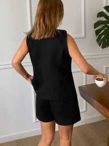 DAZY Elegant Black Summer Office Solid Color Fitted Vest Jacket & Shorts/Skirt 2 Pieces Set For Women,Casual Lounge Short Sets For Women - Black - View 2