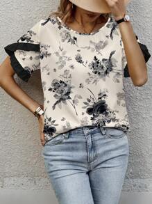 INAWLY Solva Áo cánh cổ tròn tay chuông in họa tiết ngẫu nhiên cho nữ - Nhiều màu - Xem 3