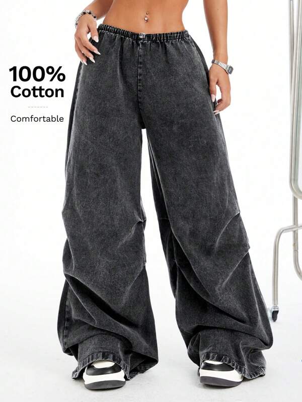 Coolane Pantaloni paracadute a vita bassa e gamba ampia lavati, abbigliamento casual da donna, ideali per il ritorno a scuola